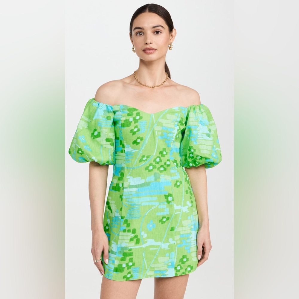 RHODE Dali Dress Puff Sleeve Linen Cotton Electric Eden Green Floral Print Sz 6 - Picture 3 of 10